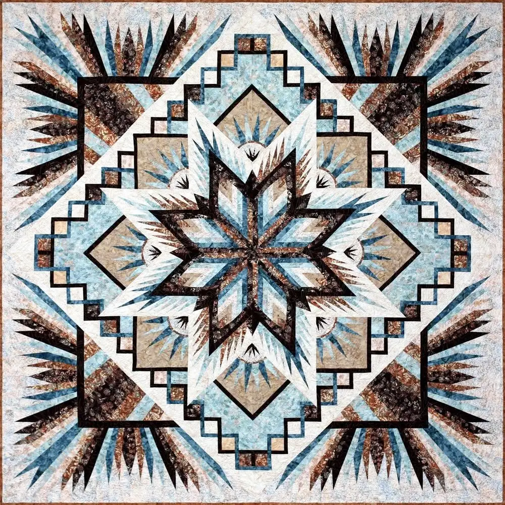 Paper pieced star quilt in brown, tan and sky blue, made by Karen Jarrett