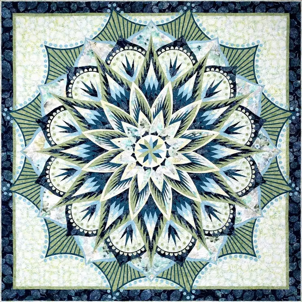 Paper pieced flower quilt in navy, sage and cream, made by Karen Jarrett
