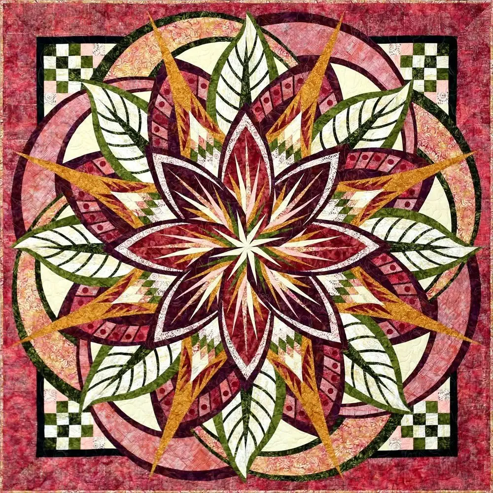 Paper pieced leaf and star quilt in burgundy, gold and cream, made by Karen Jarrett