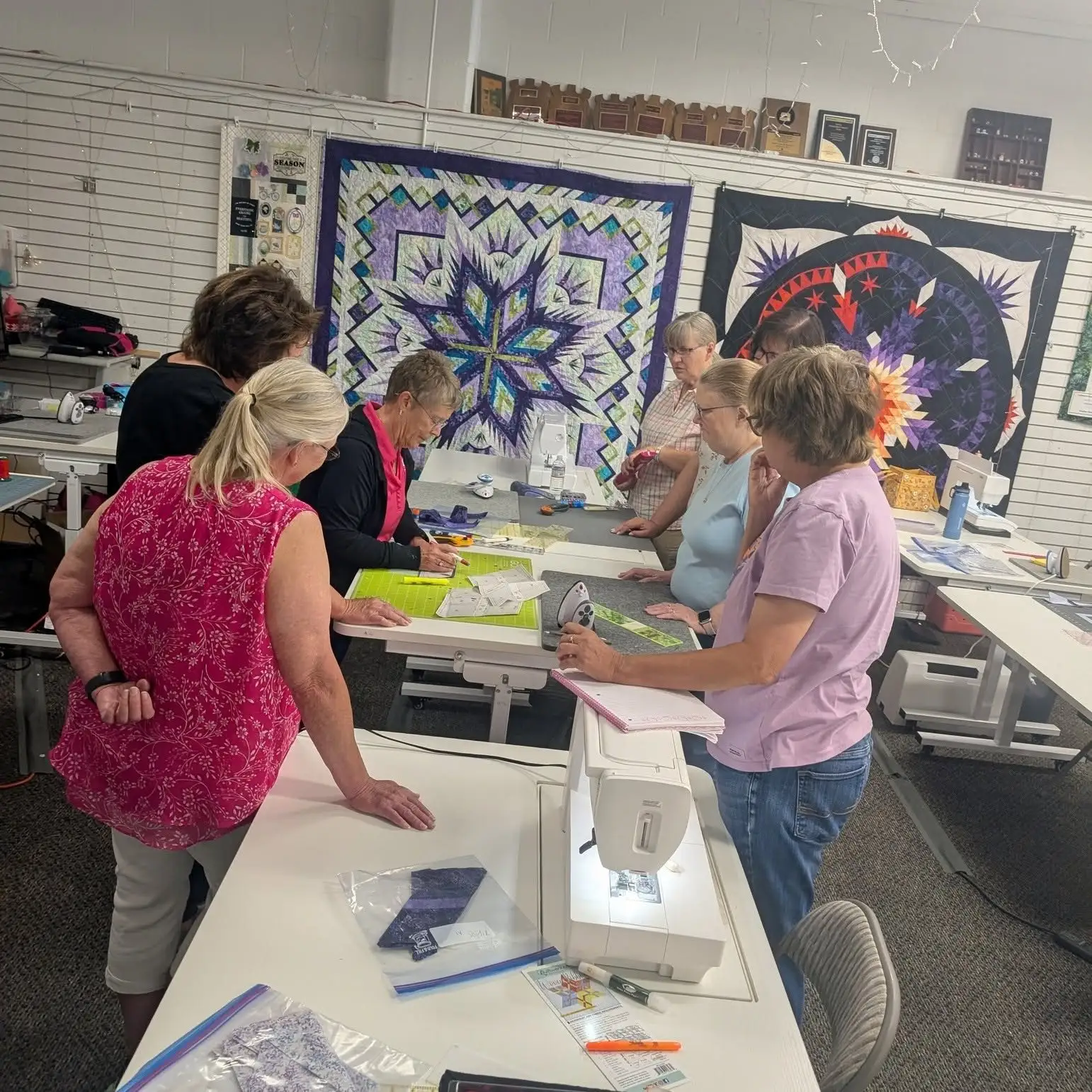 Students at their sewing machines during a Quiltworx workshop